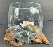 Molten Art Glass Style Glass & Wood Bowl 