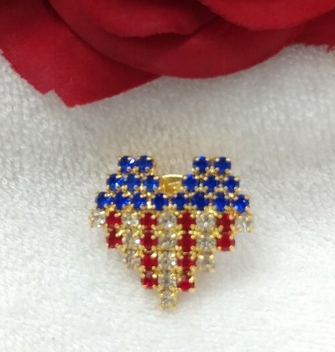 Lapel pin heart patriotic USA America colored rhinestones prong set ...