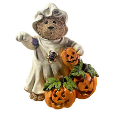 Vintage 2000 Plaster Halloween Ghost Teddy Bear w Pumpkins 10.5  