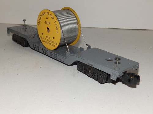 AMERICAN FLYER S ga POSTWAR ERIE RR #7210 HEAVY DEPRESSED FLAT CAR w/ CABLE REEL - Picture 2 of 8