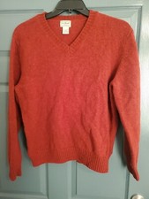 Vtg LL Bean Men's LG 100 Shetland Wool V-Neck Knit Sweater Rust Red EUC