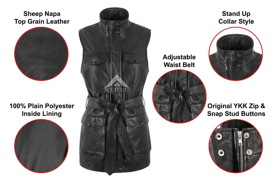 Ladies Trench Gilet Black Long Classic Style Waist Belted Vest Leather Waistcoat - Image 3 of 4