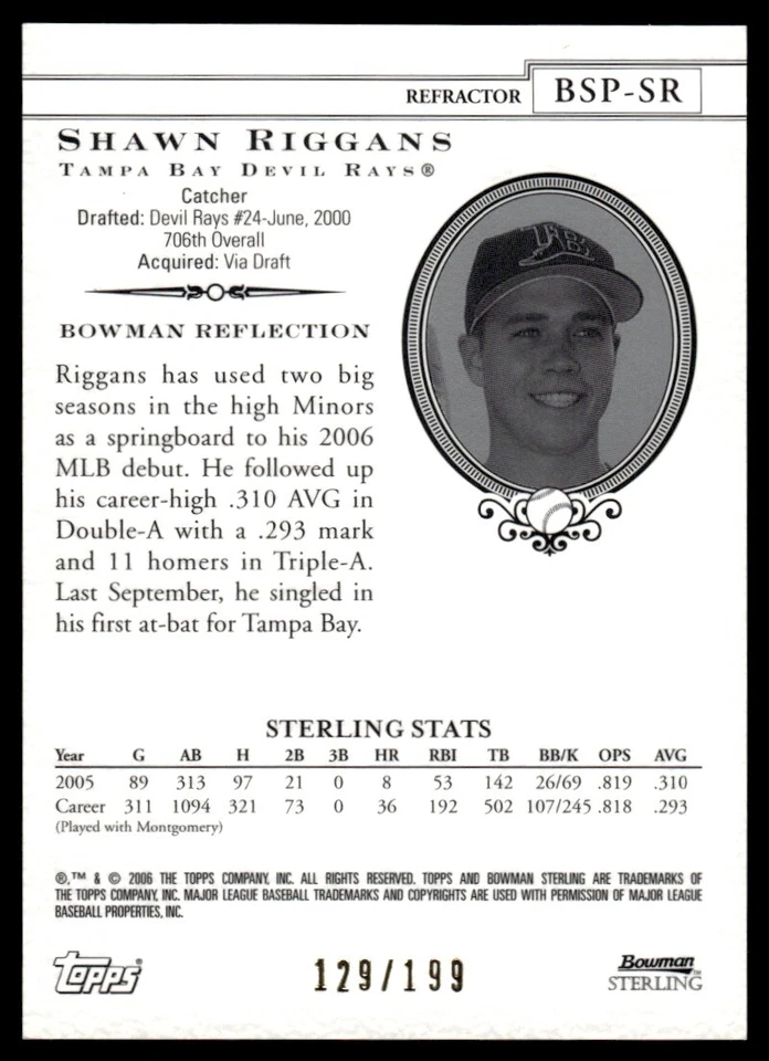 2006 Bowman Sterling Prospects Refractors Shawn Riggans 129/199 Tampa Bay Devil - Image 2 of 2