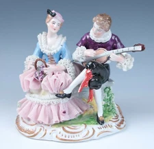 Vintage Dresden Lace Seated Couple Figurine German Porcelain Figure Courting