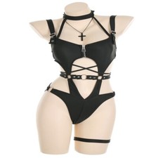 Gothic Chest Zipper Black One Piece Swimsuit