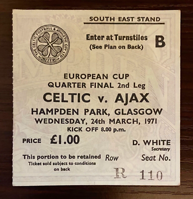 1971 Ajax vs Celtic European Cup Quarter Final Ticket Johan Cruyff