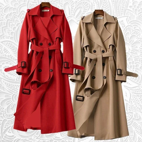 Zweireihiger langer Damen-Trenchcoat winddicht klassisch Revers Gürtel Mantel - Bild 2 von 24