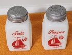 Vintage Set of Milk Glass Salt & Pepper Shakers  Red Sailboat  Ship  McKee