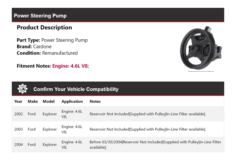 For 2002-2004 Ford Explorer 4.6L V8 Power Steering Pump Cardone 2003 - Image 2 of 4