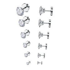 18-20G Round Clear CZ Stud Earrings Stainless Steel 6Pairs A:18G Pin:6mm