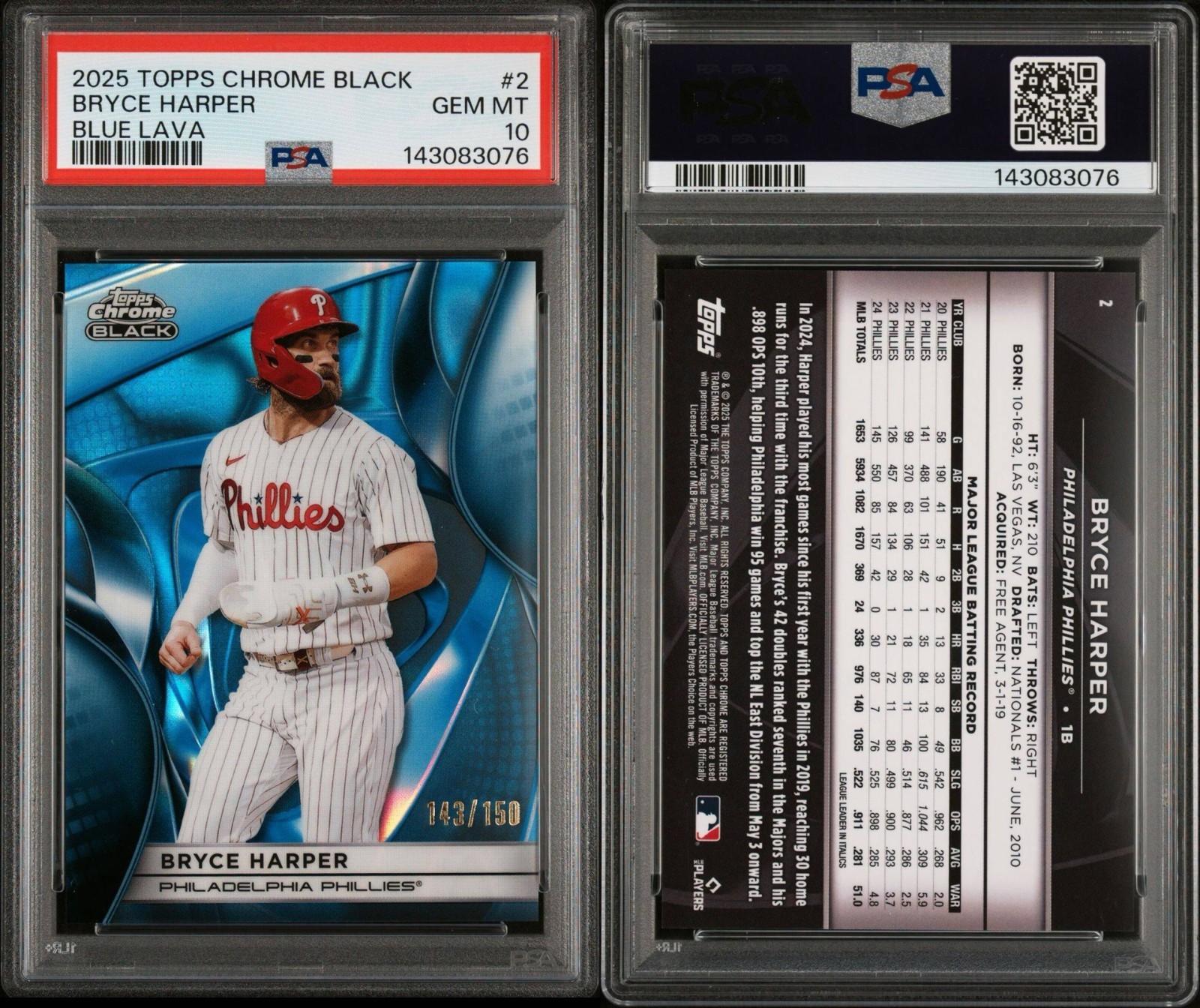 BRYCE HARPER 2025 Topps Chrome Black Blue Lava /150 PSA 10 GEM MINT (Pop 2) view 3