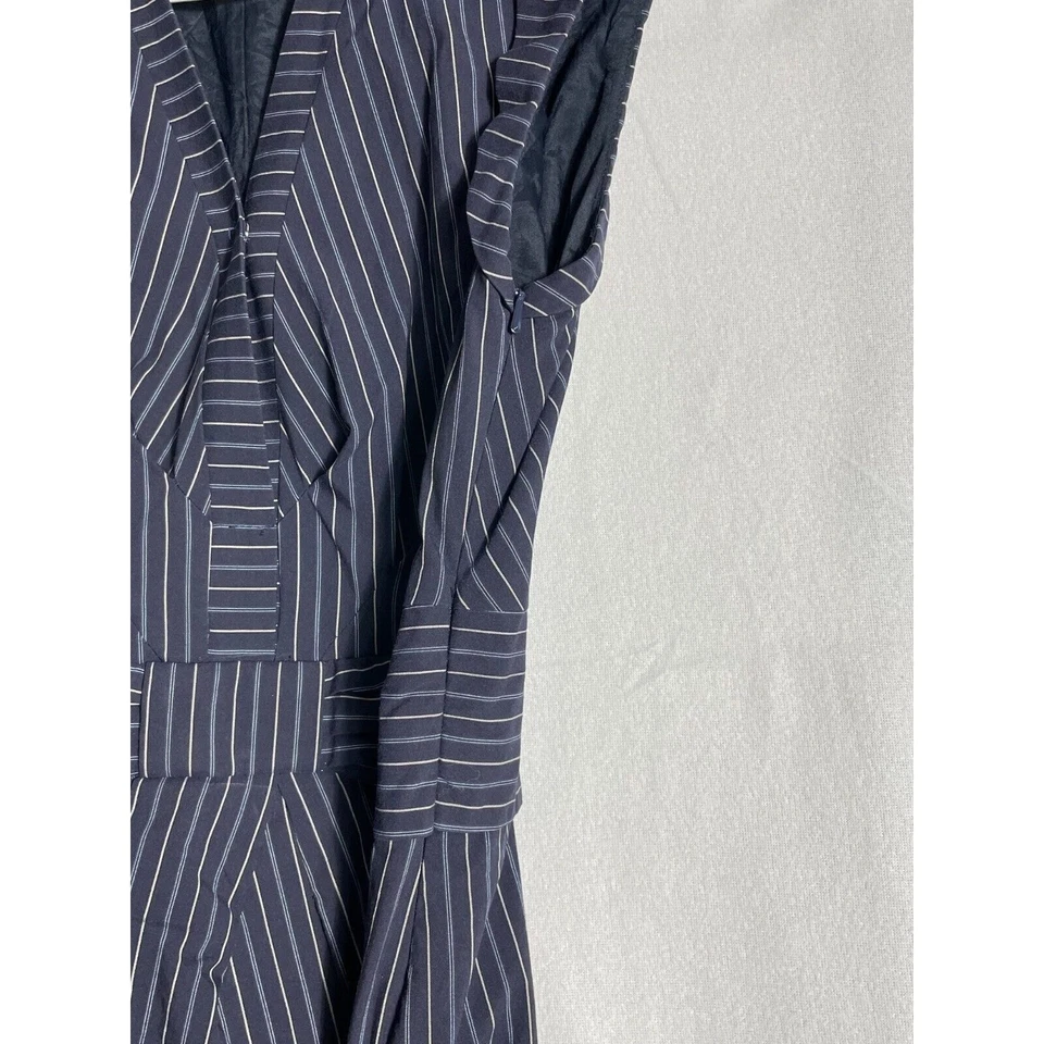 Karen Millen England Sz 2 Navy Pinstripe V Neck Bodycon Sheath Pencil Dress - Image 3 of 4