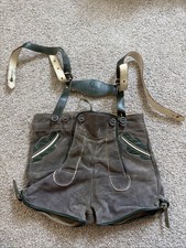 Vintage Youth Grey Suede Lederhosen Green Trim German Trachten Shorts Size 00