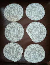 VTG ANTIQUE BOBBIN LACE DOILIES OAK LEAVES ACORN MONOGRAMMED 6.5" DIA SET 6 PC