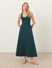 Brand New Pact Womens Organic Fit & Flare Open Back Maxi Dress Deep Aqua Large