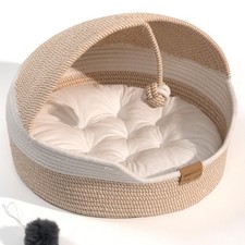 Cat Basket Bed for Indoor Cats, Covered Pet Bed with Washable Cushion and Bal...