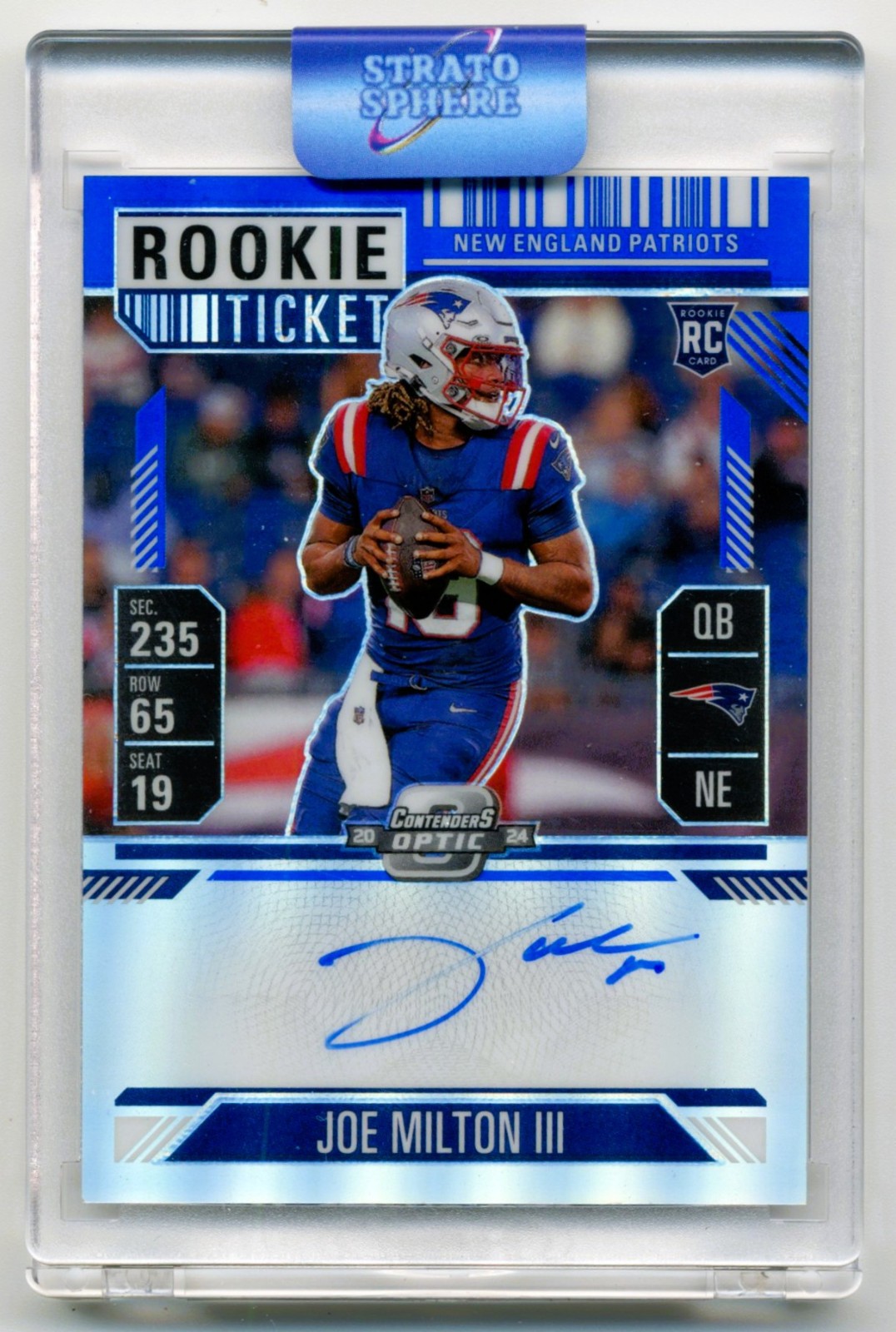 2024 Panini Contenders Optic Blue Prizm Auto /75 Joe Milton III #106 Patriots RC