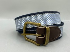 Vineyard Vines Mens Club Belt Blue Whale Canvas Brass Buckle Leather Trim