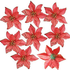 Red Glitter Poinsettia Flowers 12Pcs 5.5in Christmas Decorations