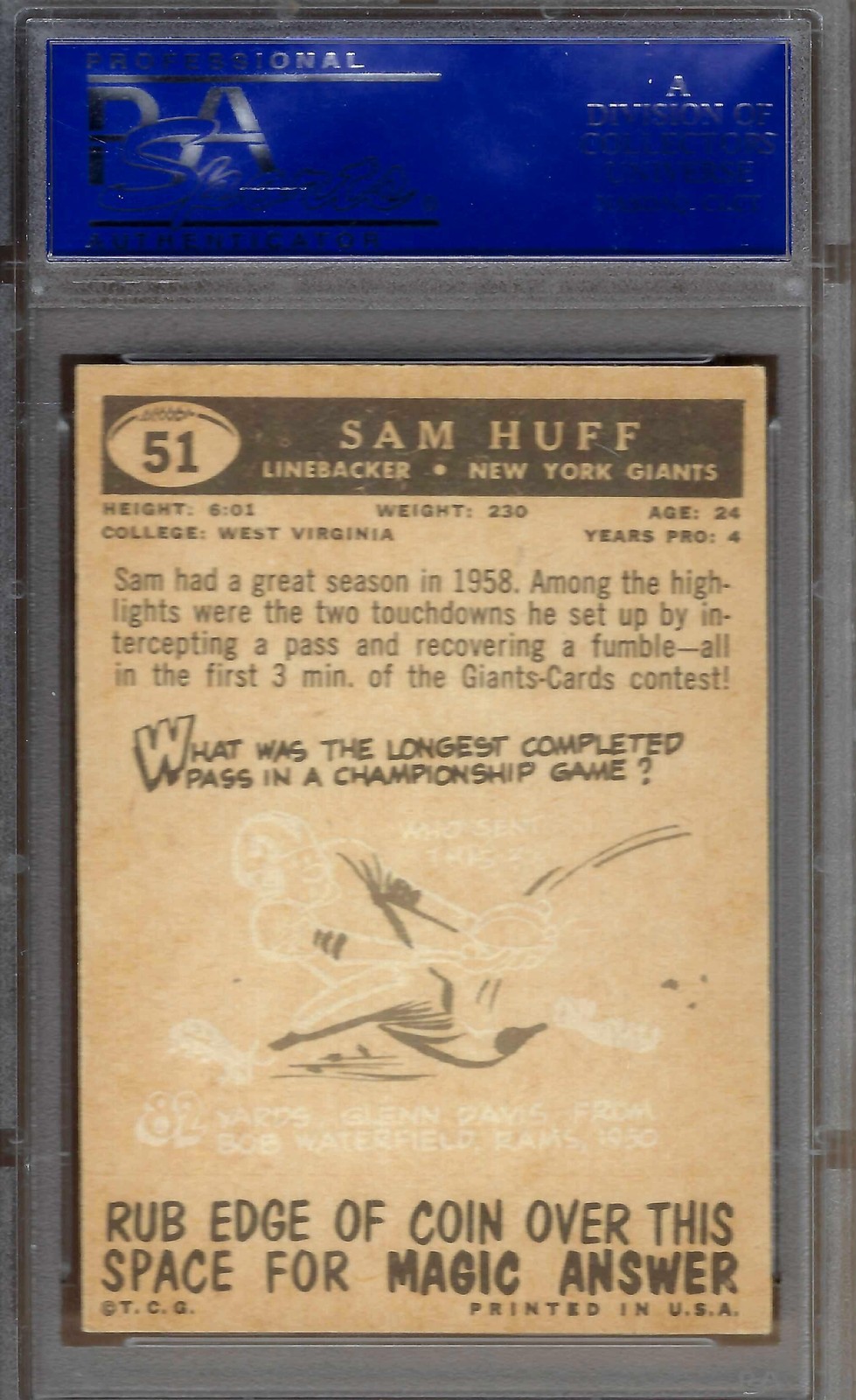 1959 Topps FB #051 PSA 7 Sam Huff Giants HOF Rookie 51 Centered! view 2