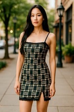 Vintage Kiss Black/Gold Short Dress W/ Lace At Top & Bottom Spaghetti Straps Lrg