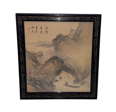 FRAMED VINTAGE CHINESE WATERCOLOR SILK ART PAINTING RIVER FISHING 11 x12 