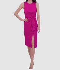 Vince Camuto Women's Pink Satin Ruffled Tucked Waisted Round Neck Dress Size 2