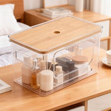 Plastic Storage Box With Bamboo Lid Container Home Kitchen Office Organiser Bin