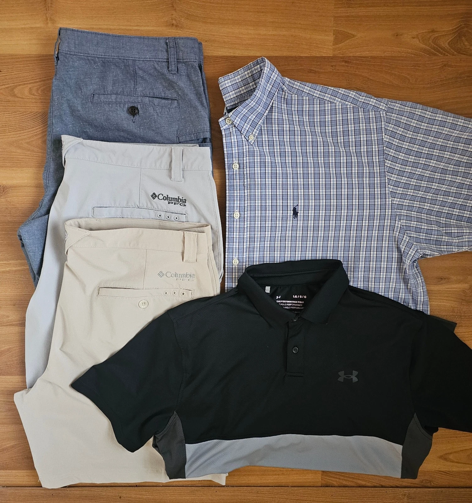LOT of 5 Columbia PFG & Dockers Levi Shorts 38 / Ralph Lauren & Under Armour Top