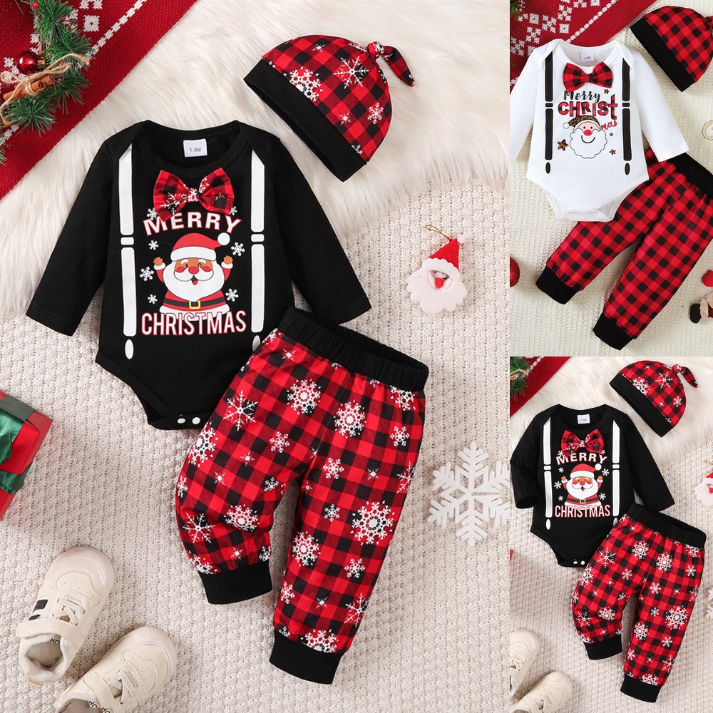 Conjunto de 3 PIEZAS Navidad Recién Nacido Bebé Niños Papá Noel Mameluco Pantalones Sombrero Conjunto Ropa