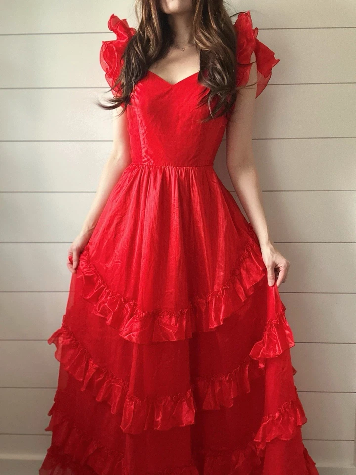Vestido de noche formal vintage de los años 80 graduación rojo con volantes tafetán Foto 4 de 4
