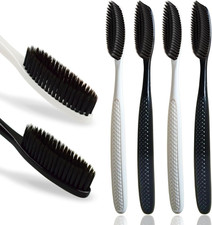 Large Long Head Toothbrush, 4-Pack, Upgraded Hard & Firm Charcoal Bristles, Whit