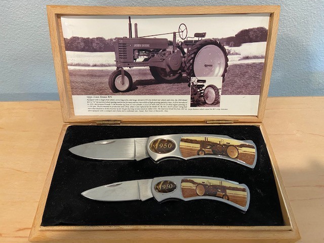 1950 Farm Tractors 2-Knife Set in Wooden Display Box honoring the John Deere BN