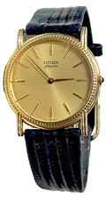 Citizen Elegance Gold Tone Quartz Dress Watch Japan Slim Blue Strap Vintage