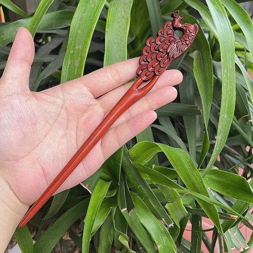 Bastone per capelli scavato stile retrò cinese legno di pesca fatto a mano forcina intagliata - Foto 18 di 46