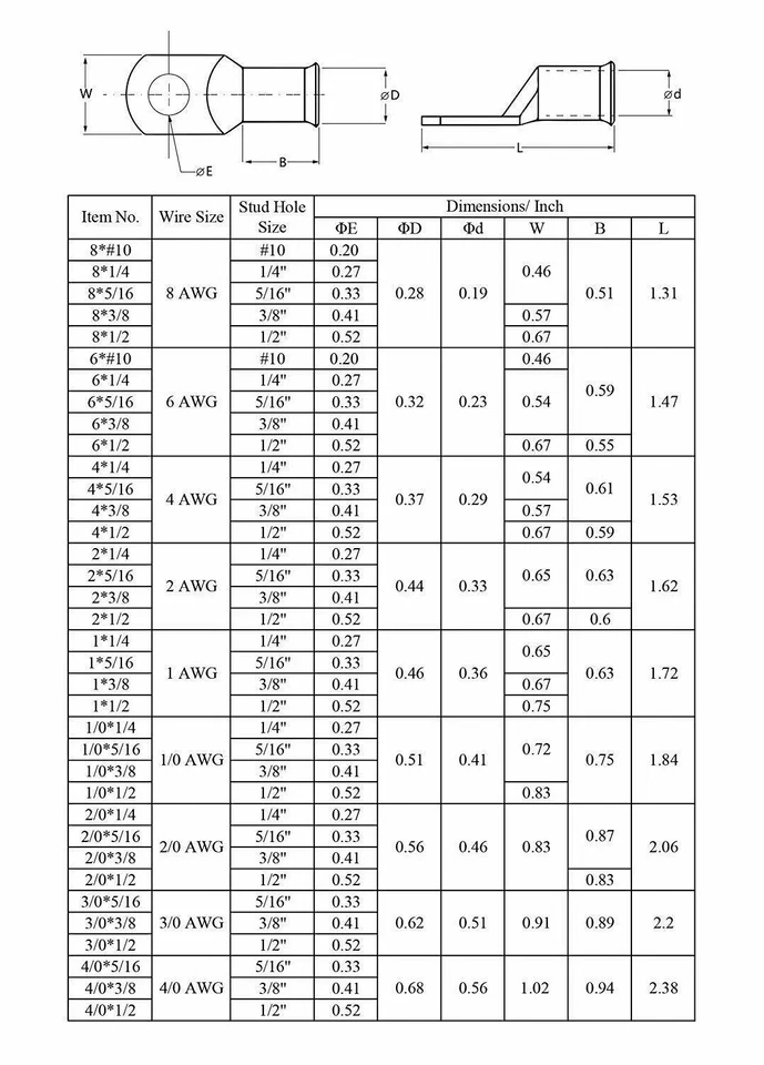 10/30Pcs Battery Lugs Copper Ring Terminal Cable Ends Wire Connectors 1/0 - 8AWG - Image 2 of 4