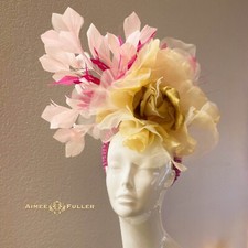 Kentucky Derby Fascinator Fuchsia Hot Pink Gold Yellow Rose Royal Ascot Hat