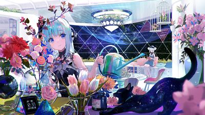 Anime fuji choko girls cats animals flowers blue hair Play Gaming Mat Desk