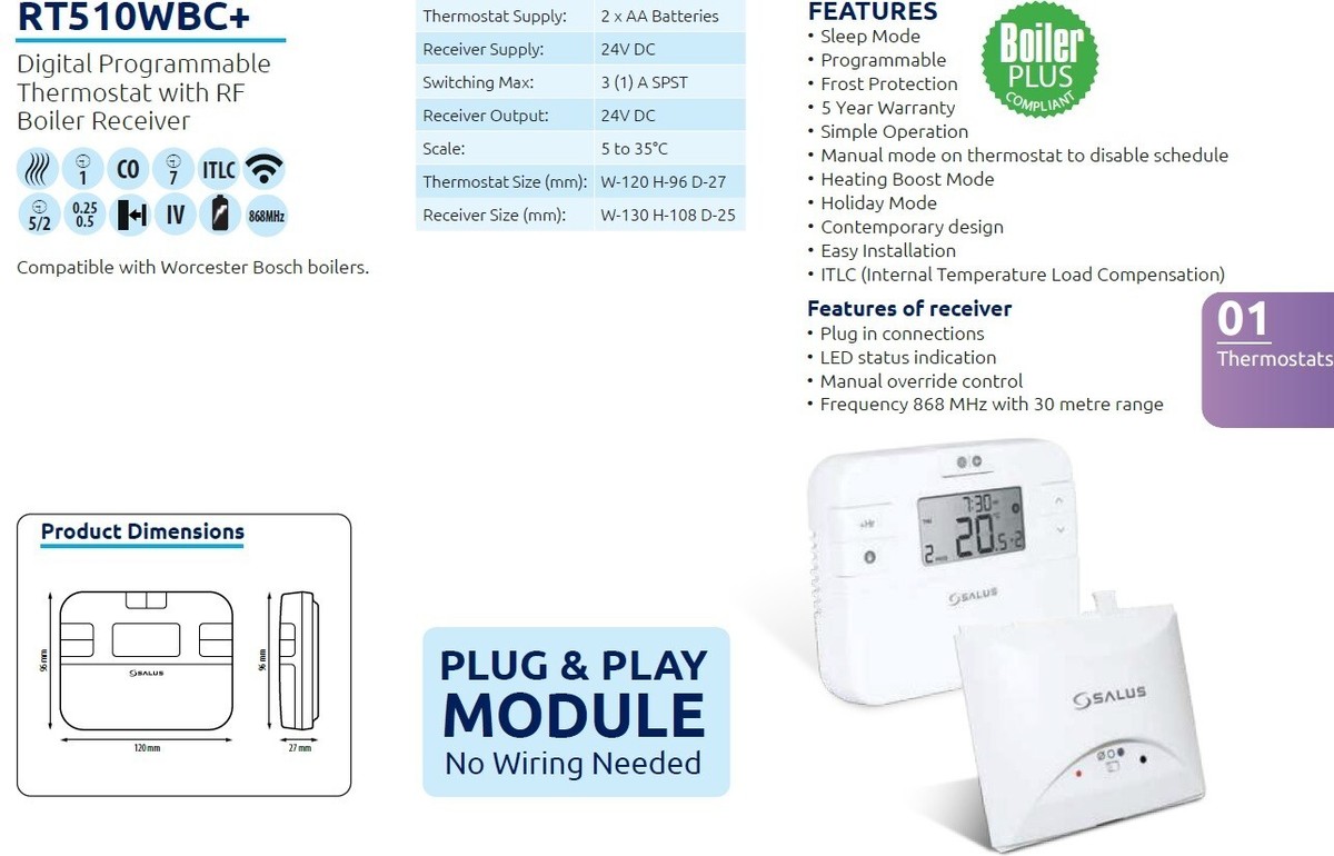 Salus RT510WBC+ Worcester Greenstar Wireless Programmable thermostat Room  Stat 5060103695164 | eBay