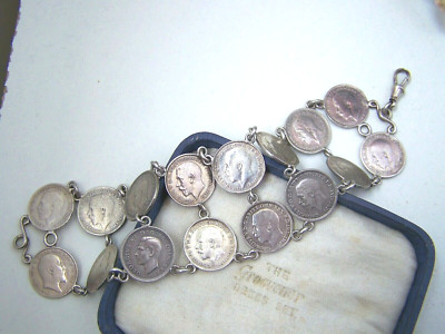 MASSIVES STERLINGSILBER GEORG IV DREI PENCE MÜNZEN BREITES DOPPELTES ROHES ARMBAND 7'' 1908