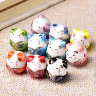 5pcs Fortune Cat Pattern 16x14mm Handmade Ceramic Porcelain Loose Beads DIY Lot