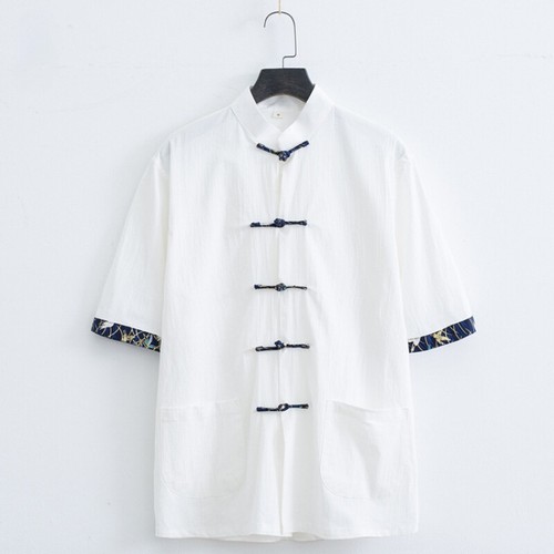 Men Tang Suit Shirt Jacket Chinese Kung Fu Tai Chi Short Sleeve Frog Button Tops - Picture 14 of 20
