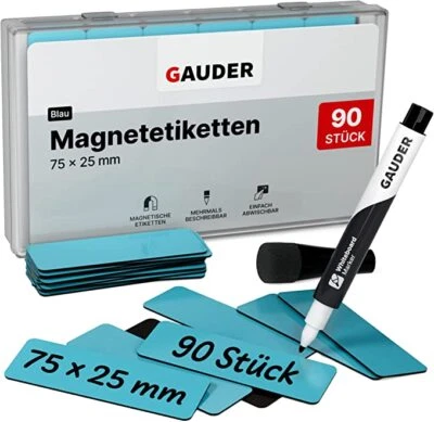 GAUDER Magnetstreifen BLAU beschreibbar Magnetschilder-Karten Etiketten + Marker