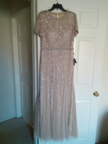 Adrianna Papell Champagne Cap Sleeve Beaded Mesh Gown Formal Dress - Picture 6 of 10