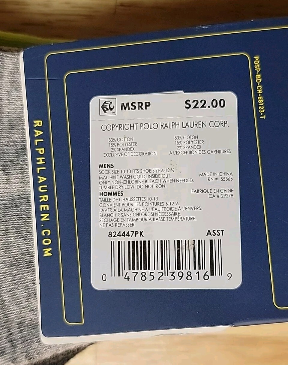 SAOLA Polo Ralph Lauren 3 paia calze classiche quarto taglia 10 13 suola comoda unisex