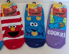 3 pairs Sesame Street Cookie Monster  , Elmo Ankle High Socks Women Size 9-11