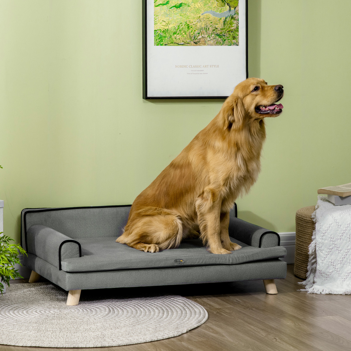 Pet Sofa for Large, Medium Dogs, with Wooden Legs Water-resistant Fabric - Grey