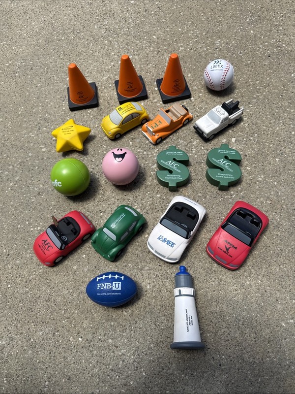 Foam Rubber Advertising Stress Ball Shapes Lot of 18. Autos/money/cones/balls