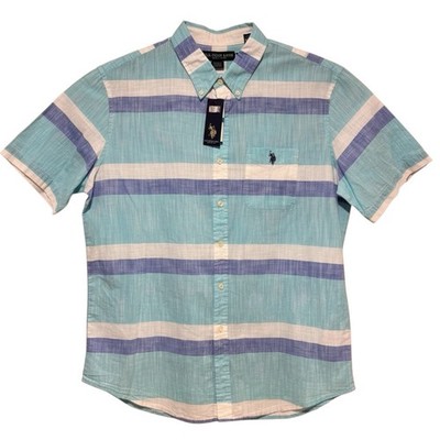 US Polo Assn Shirt Teal Blue Striped Button Up Short Sleeve Logo Pocket Mens XL
