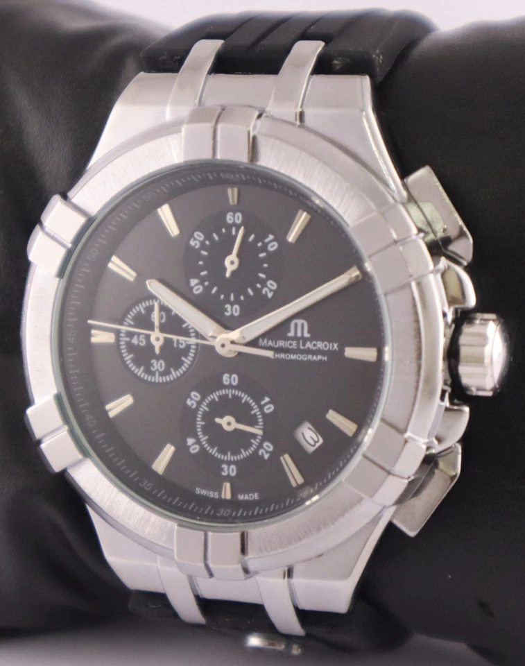 Luxury Maurice Lacroix Men Chronograph Black Dial 'Date' Wristwatch Rubber Band - Image 2 of 4